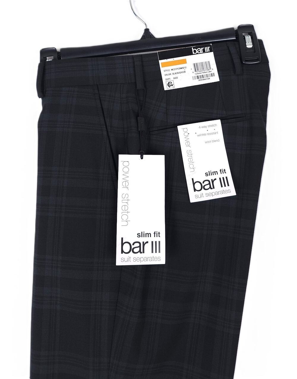 Bar III Mens Slim Fit Suit Pants 31x30 Black Green Plaid Power Stretch Wool NWT